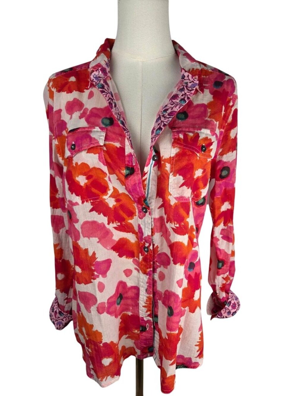 Sundance Floral Joy Button Shirt Sz M Contrasting Cuff Pink Orange Cotton Boho